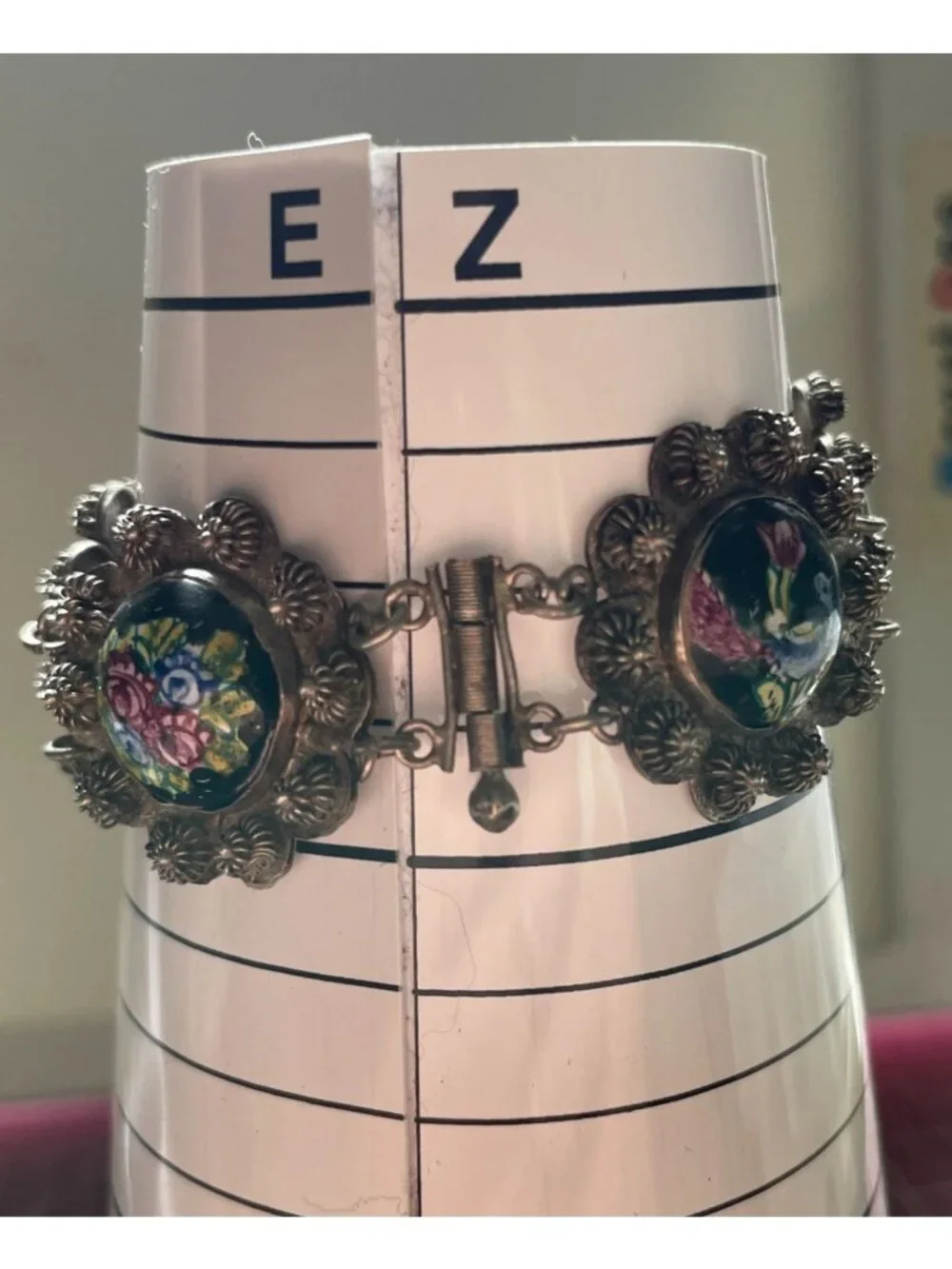 Vintage Persian 800 Silver Storyteller Bracelet Painted Deer Bird Panels